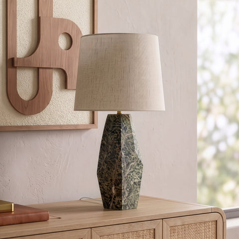 Yara Green Genuine Marble And Linen Textured Fabric Table Lamp, 1 Piece