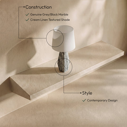 Yara Grey Genuine Marble And Linen Textured Fabric Table Lamp, 1 Piece