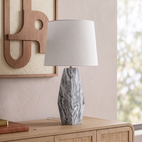 Yara Grey Genuine Marble And Linen Textured Fabric Table Lamp, 1 Piece