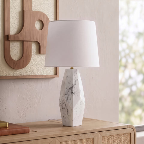 Yara White Genuine Marble And Linen Textured Fabric Table Lamp, 1 Piece
