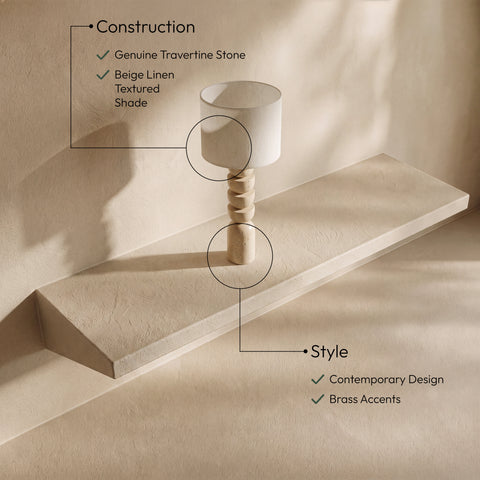 Noelle Travertine Travertine, Linen Textured Fabric And Brass Table Lamp, 1 Piece