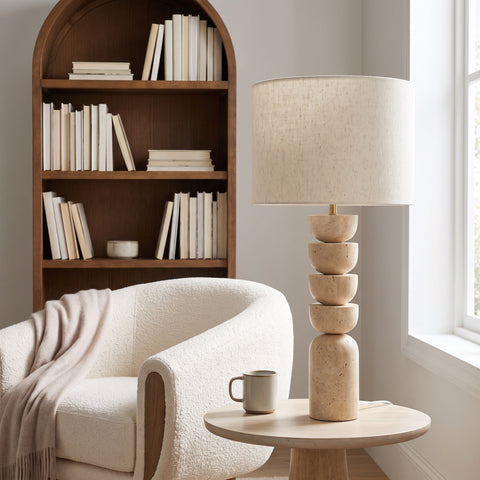 Noelle Travertine Travertine, Linen Textured Fabric And Brass Table Lamp, 1 Piece