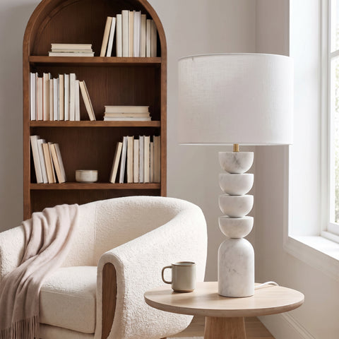 Noelle White Genuine Marble, Linen Textured Fabric And Brass Table Lamp, 1 Piece