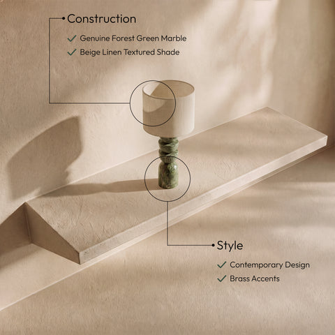 Noelle Green Genuine Marble, Linen Textured Fabric And Brass Table Lamp, 1 Piece (Style 2)