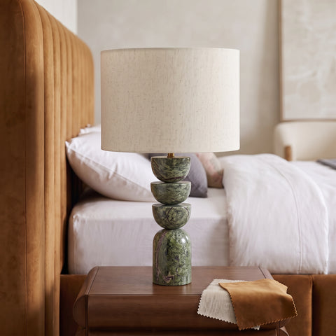 Noelle Green Genuine Marble, Linen Textured Fabric And Brass Table Lamp, 1 Piece (Style 2)