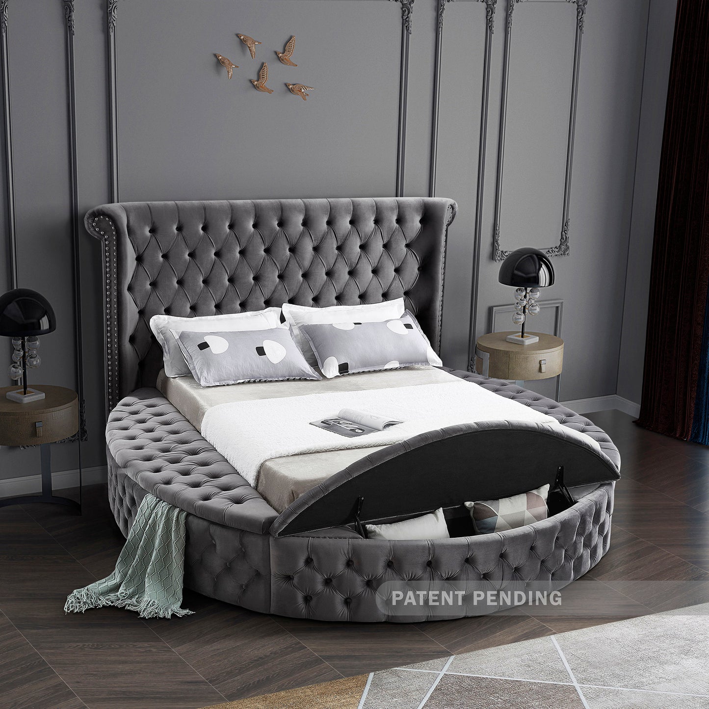 indulge grey velvet queen bed (3 boxes) q