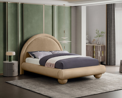 Iris Beige Velvet Upholstered King Bed, 1 Piece