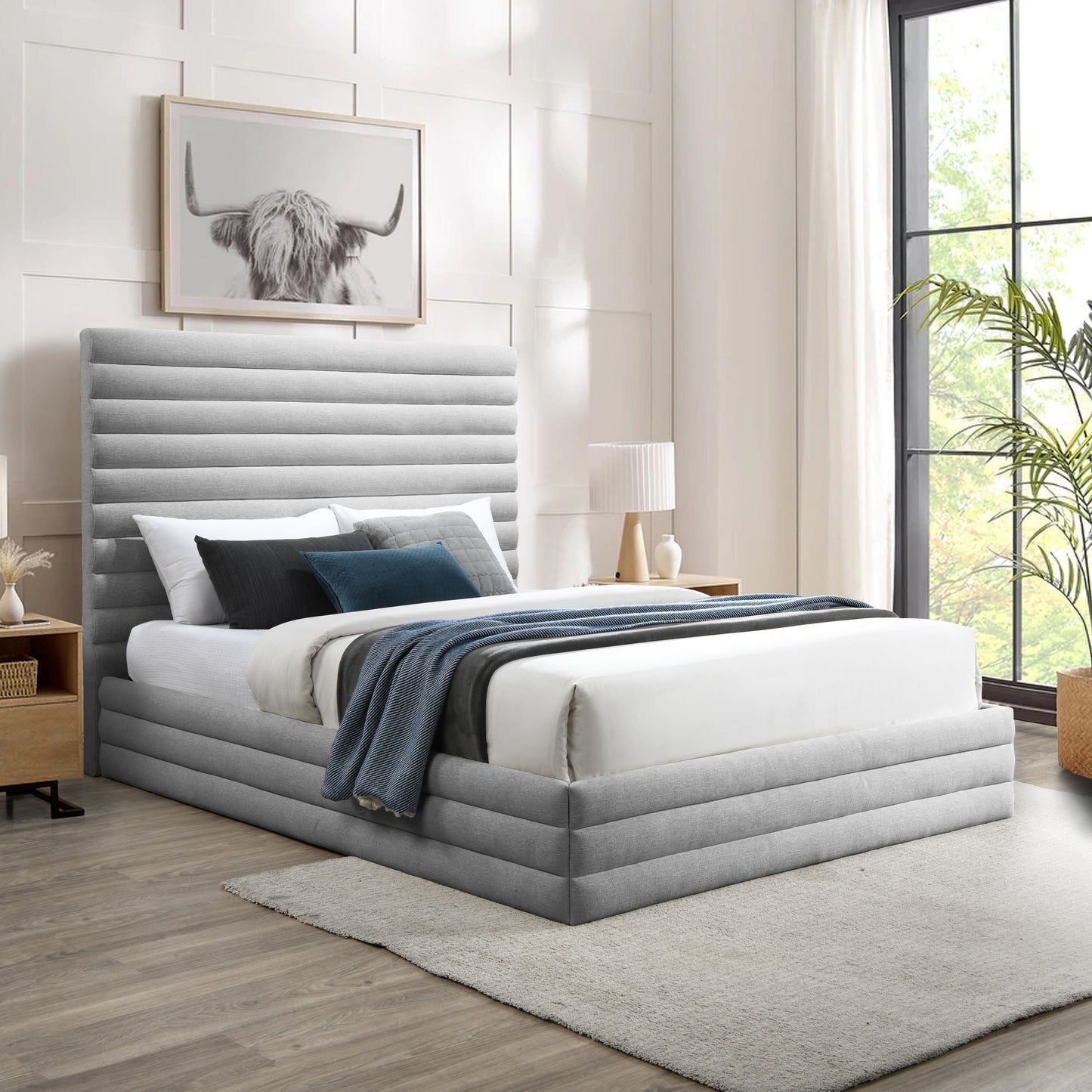 aimee grey linen textured fabric king bed (3 boxes)