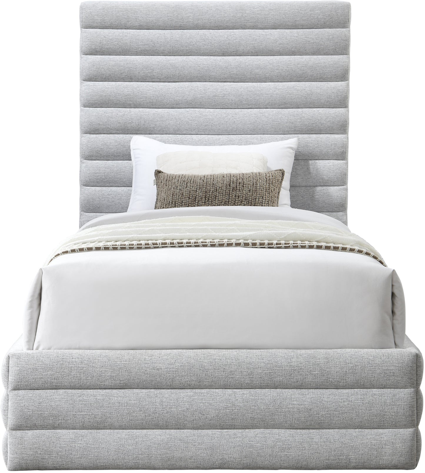 aimee grey linen textured fabric twin bed (3 boxes)