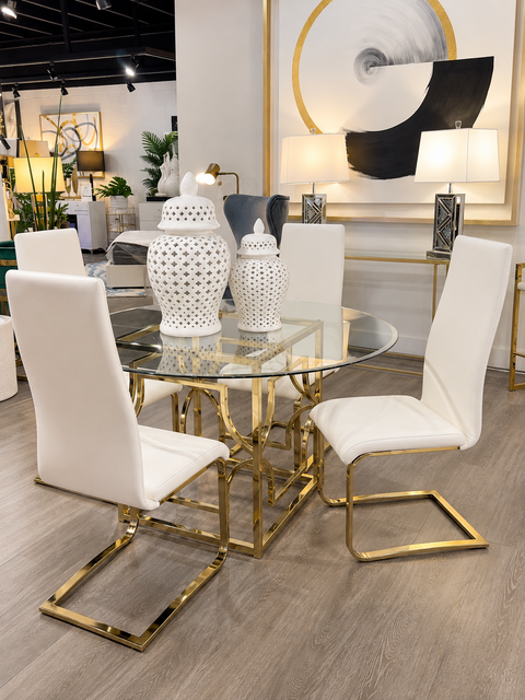 Modern 5-Piece 48" Round Glass Dining Set with White Leatherette Chairs & Gold Chrome Base – Showroom Clearance