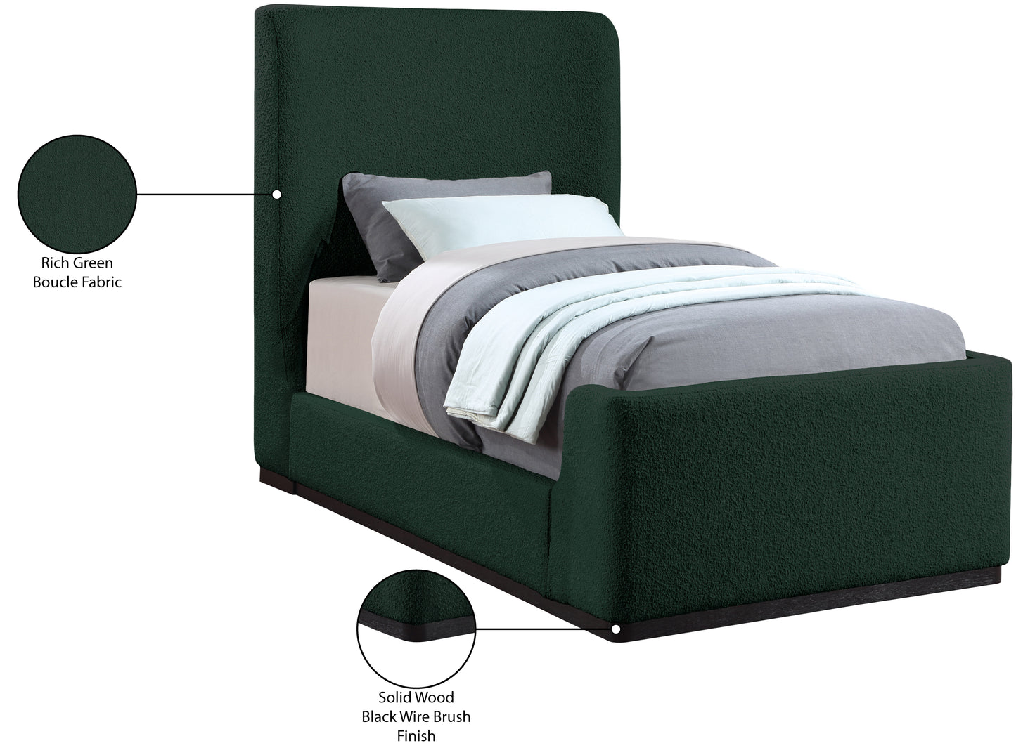 teddy green boucle fabric twin bed (3 boxes) t