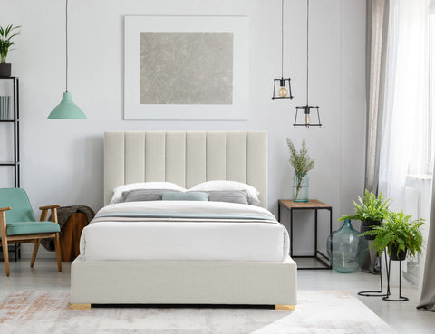 Heart Beige Linen Textured Fabric Queen Bed Q