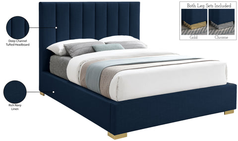 Heart Navy Linen Textured Fabric Queen Bed Q