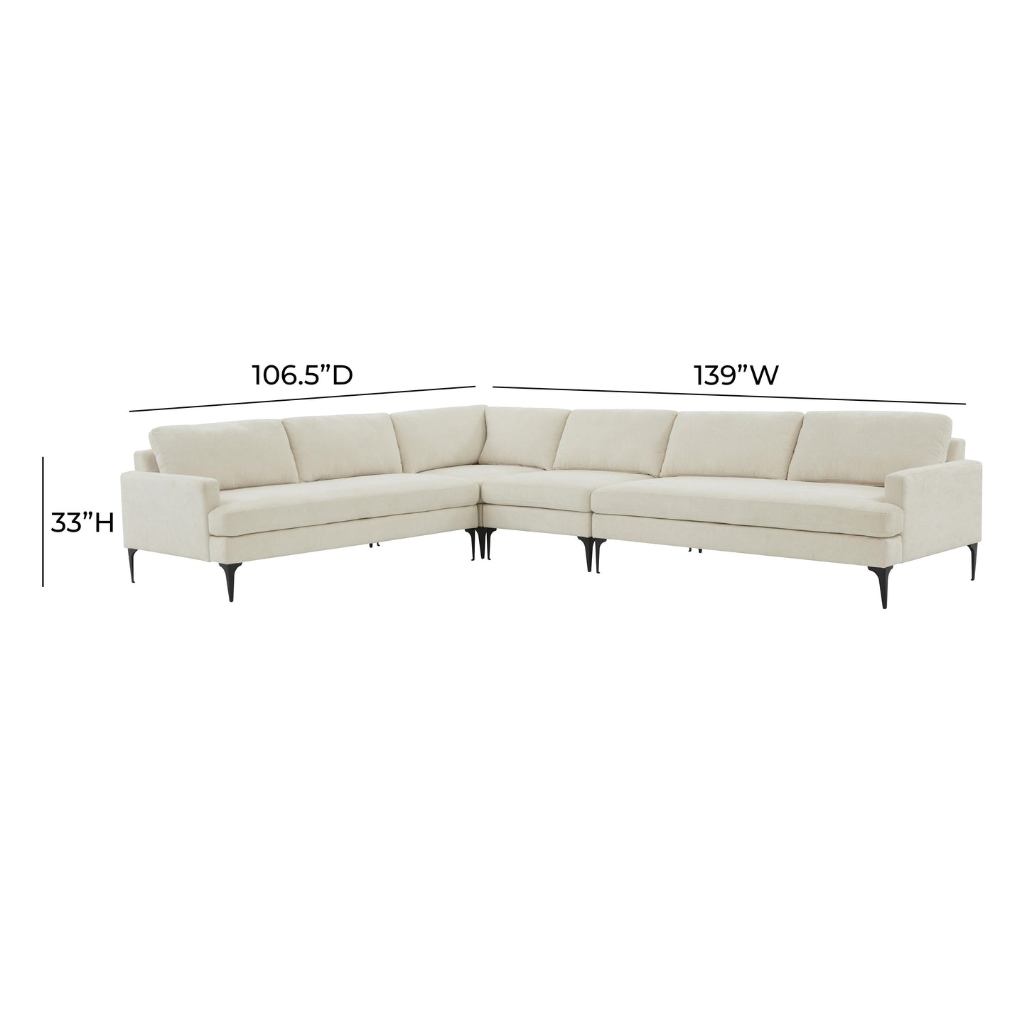 lana cream velvet large l-sectional with black legs