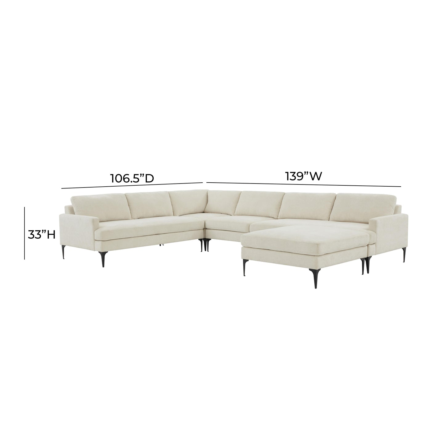 lana cream velvet large chaise sectional with black legs