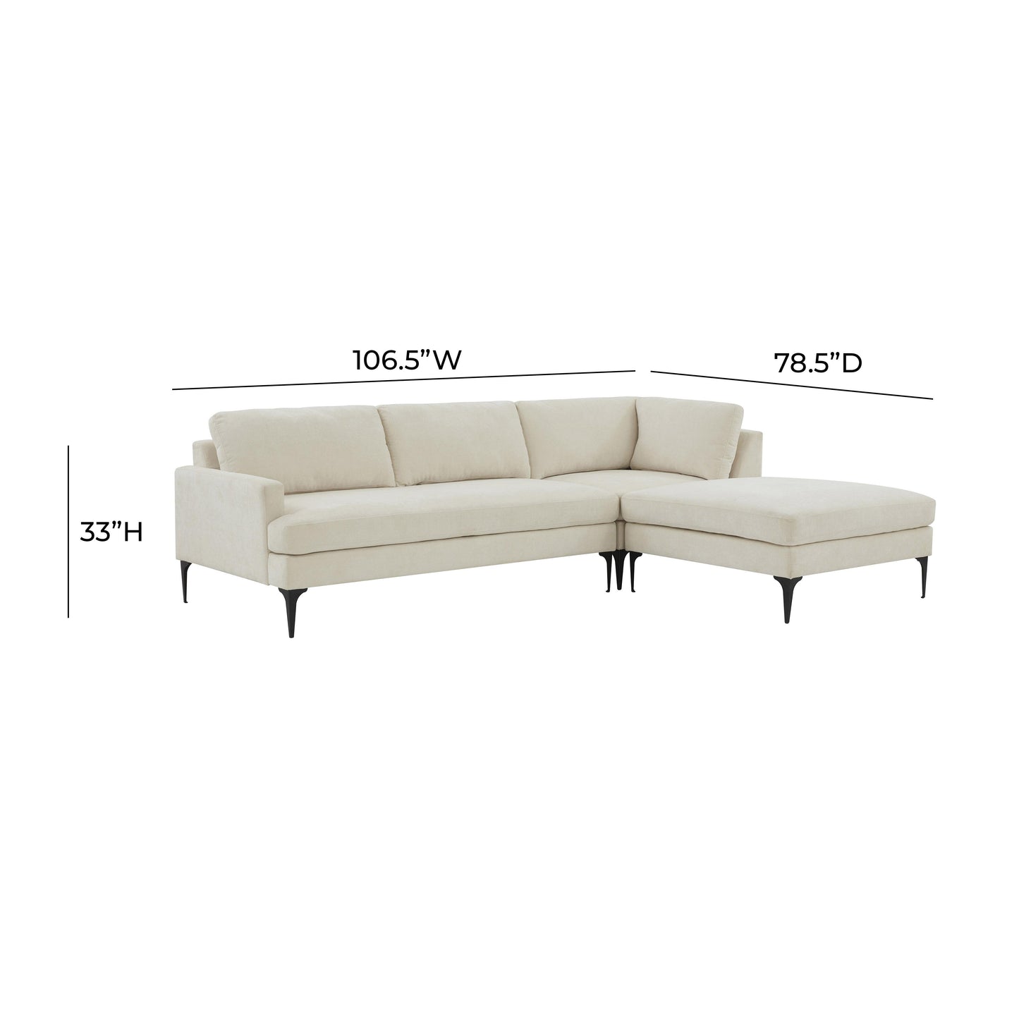 lana cream velvet raf chaise sectional with black legs