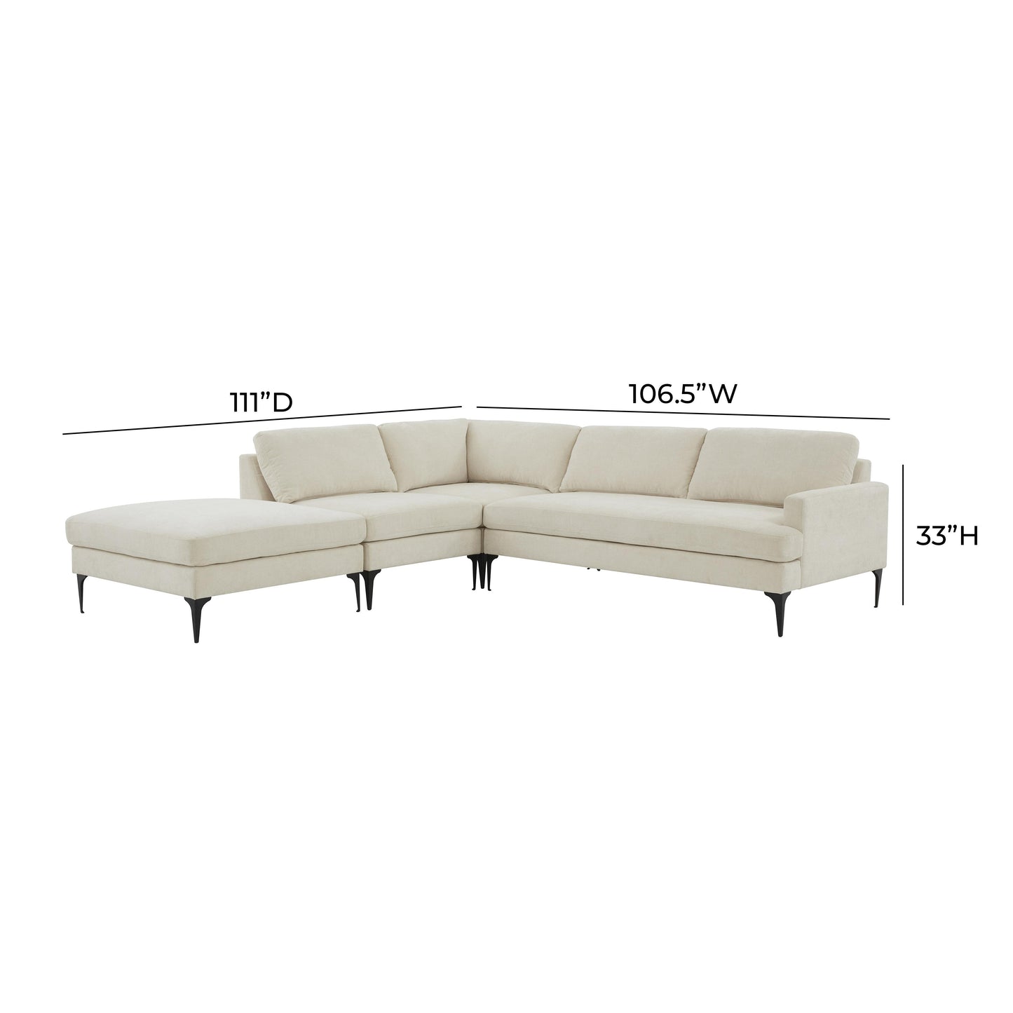 lana cream velvet large laf chaise sectional with black legs