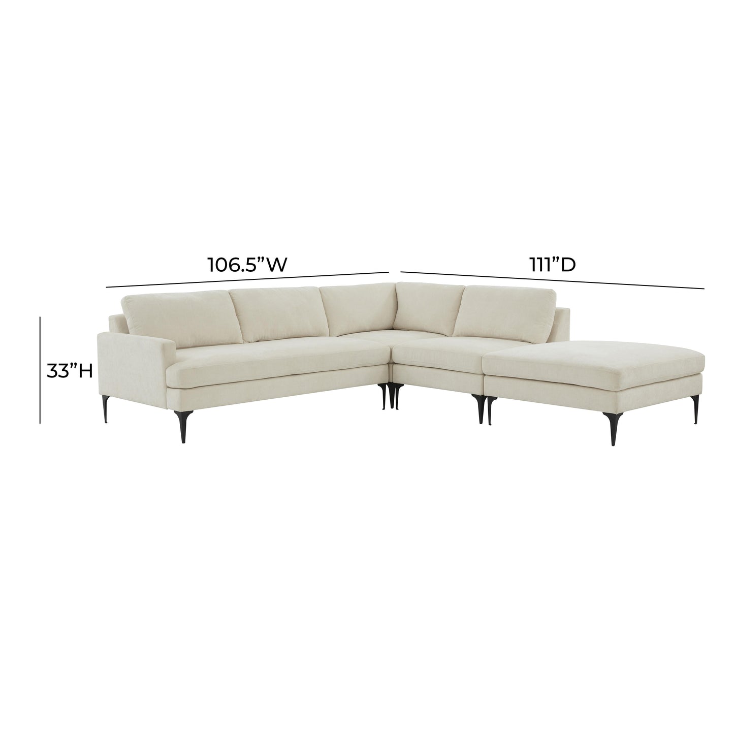 lana cream velvet large raf chaise sectional with black legs