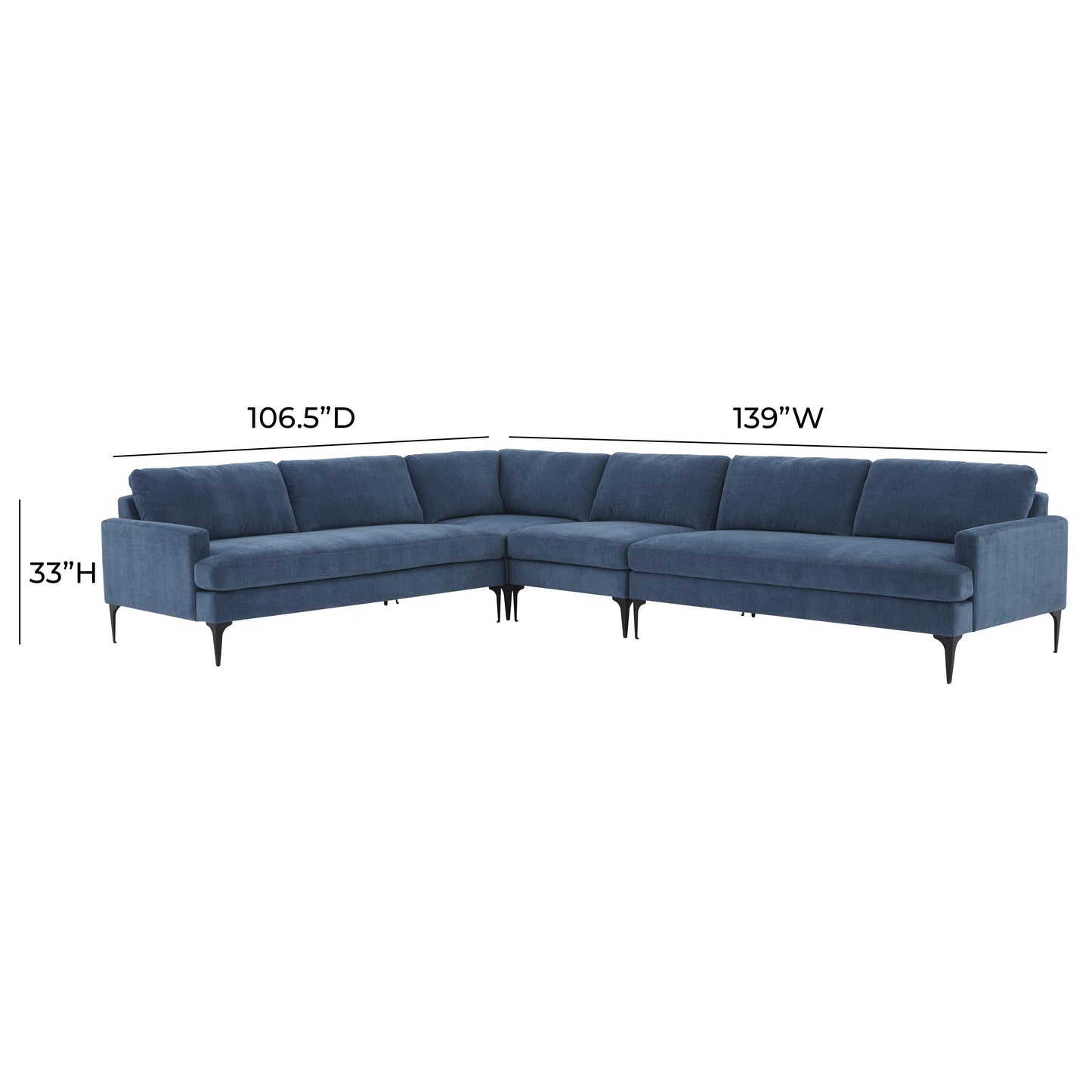 lana blue velvet large l-sectional with black legs