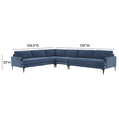 Lana Blue Velvet Large L-Sectional with Black Legs