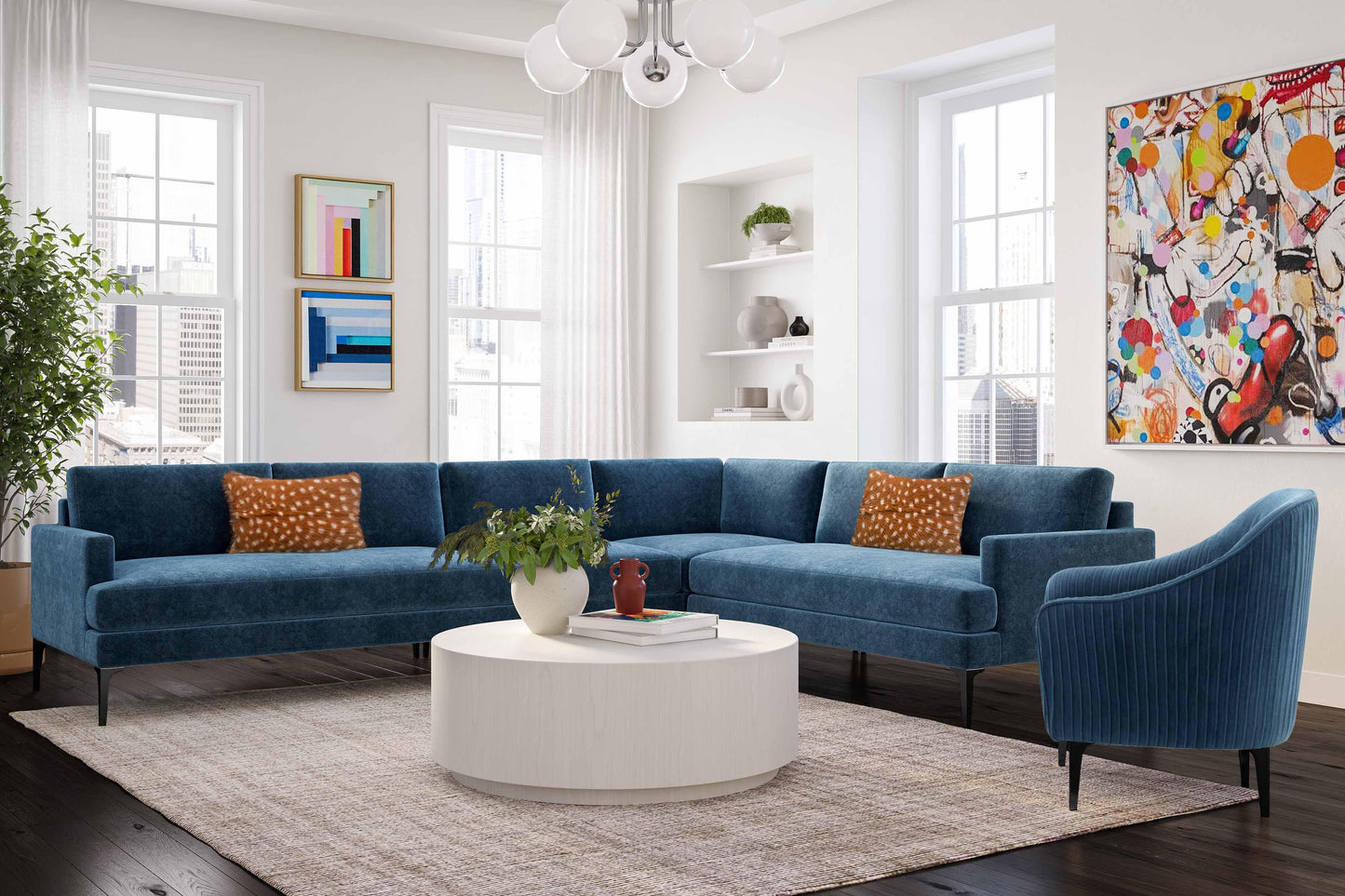 lana blue velvet large l-sectional with black legs