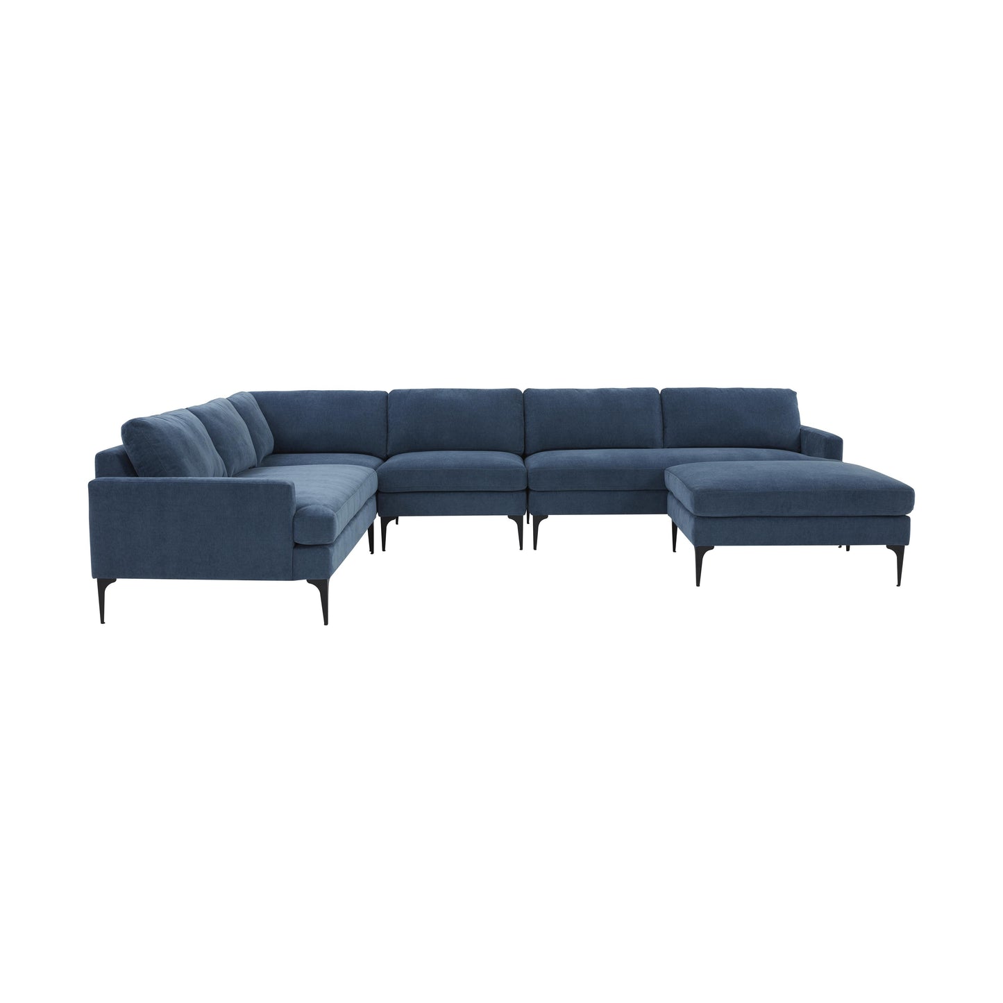 lana blue velvet large chaise sectional with black legs