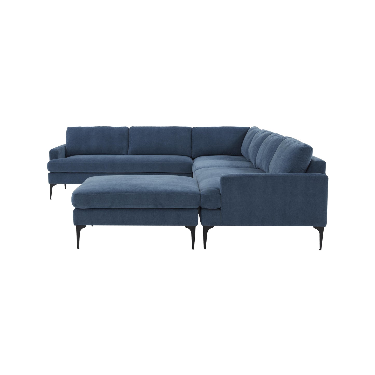 lana blue velvet large chaise sectional with black legs