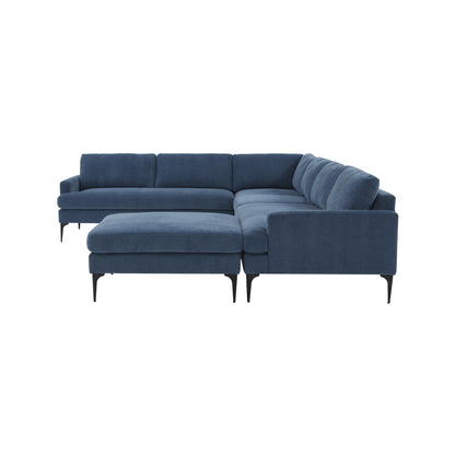 Lana Blue Velvet Large Chaise Sectional with Black Legs