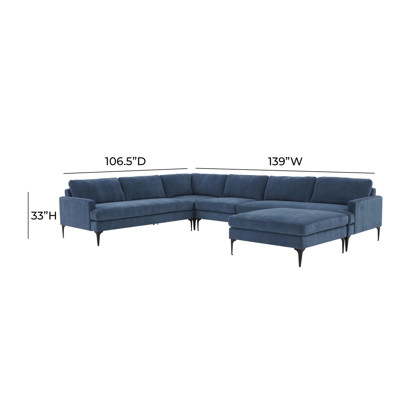 lana blue velvet large chaise sectional with black legs