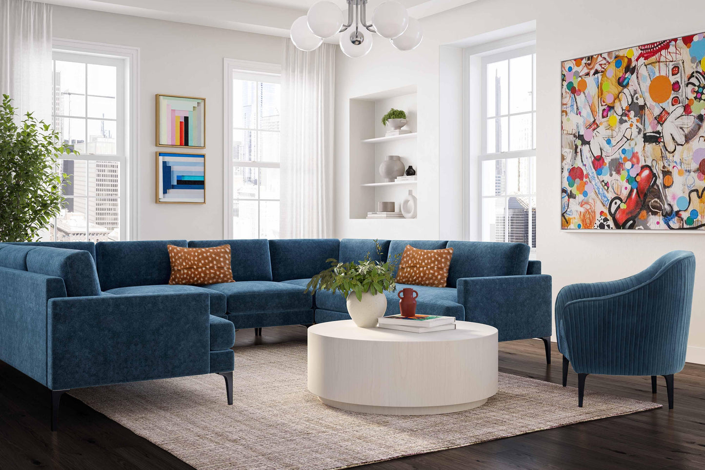 lana blue velvet u-sectional with black legs