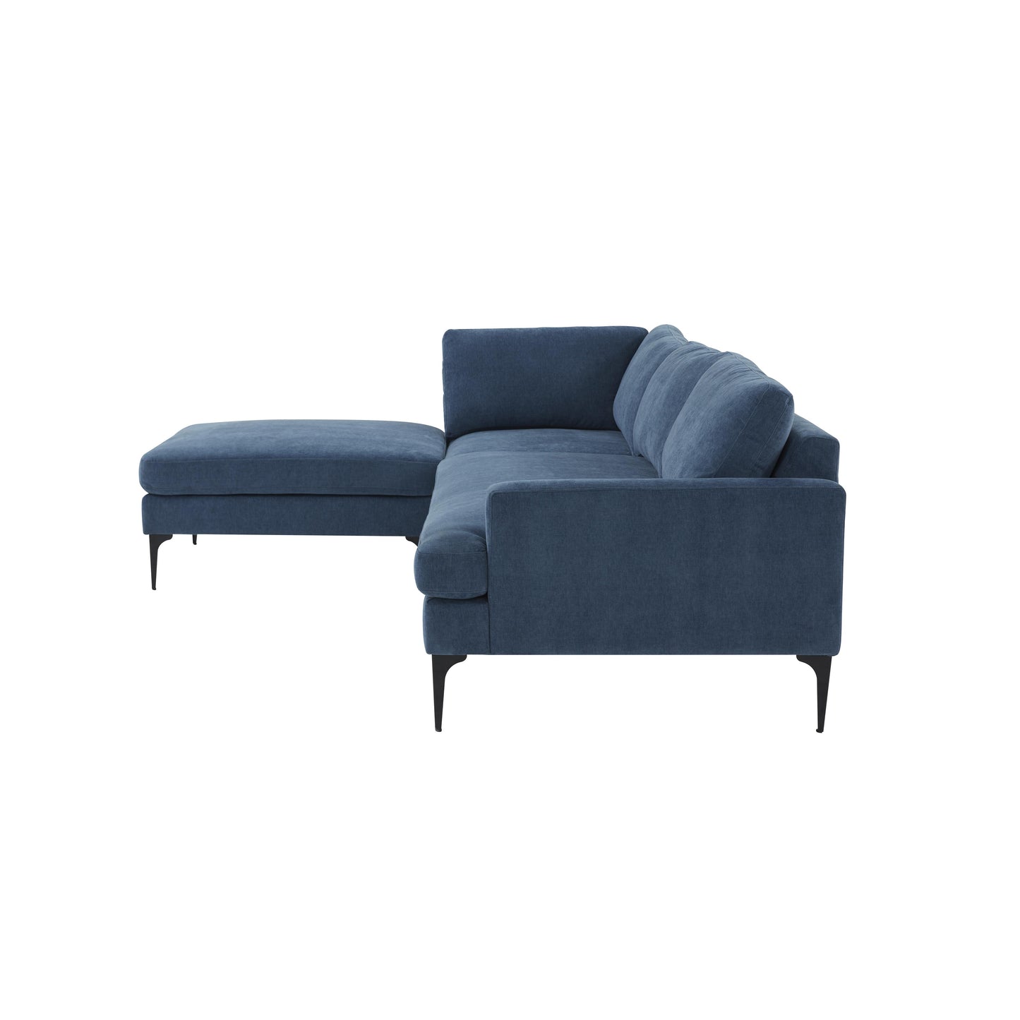 lana blue velvet laf chaise sectional with black legs