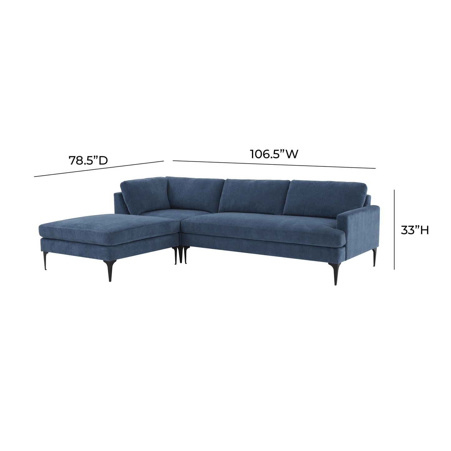 lana blue velvet laf chaise sectional with black legs