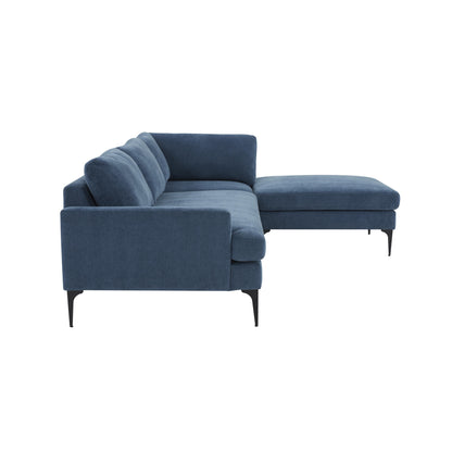 Lana Blue Velvet RAF Chaise Sectional with Black Legs