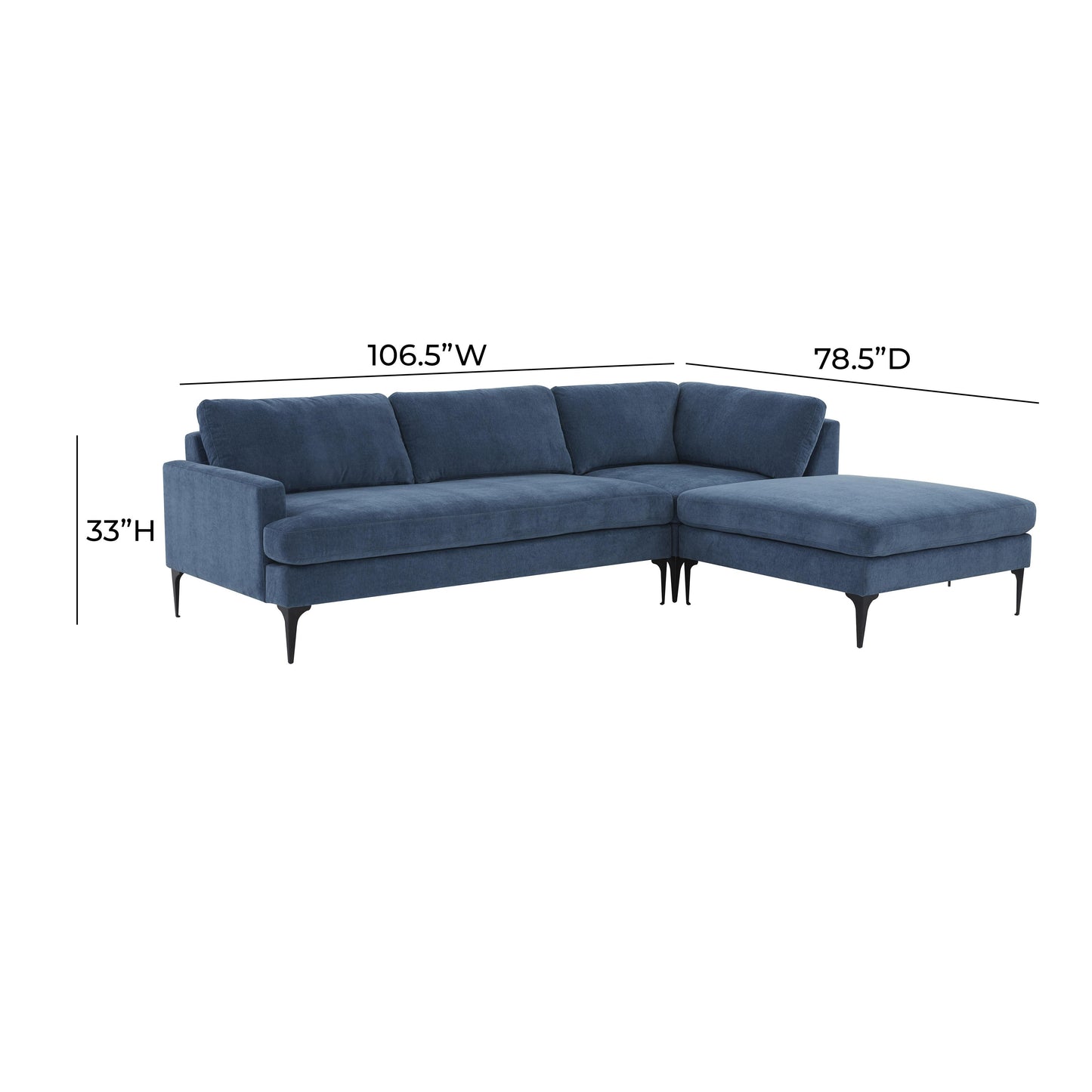 lana blue velvet raf chaise sectional with black legs