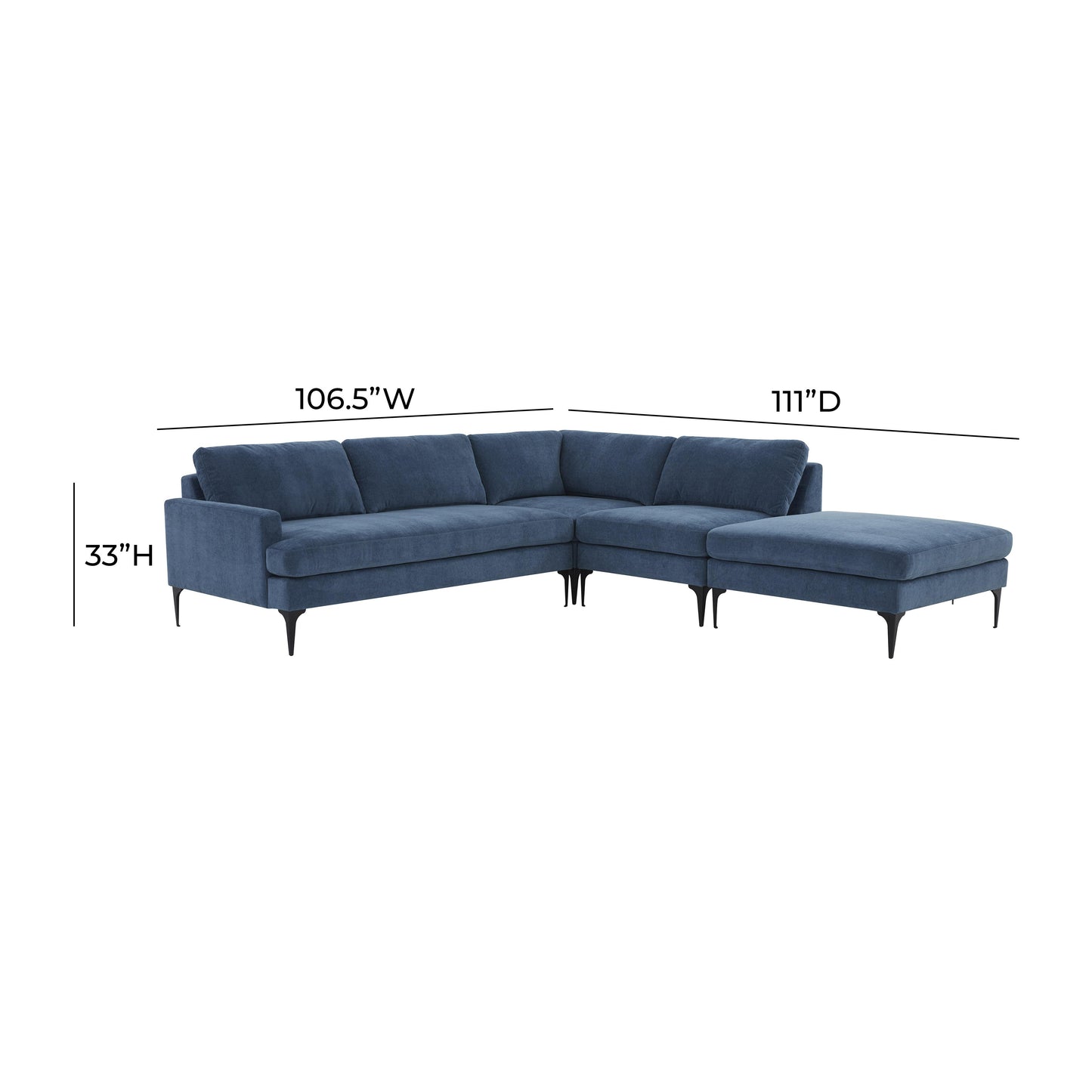 lana blue velvet large raf chaise sectional with black legs