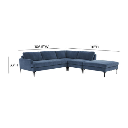 Lana Blue Velvet Large RAF Chaise Sectional with Black Legs