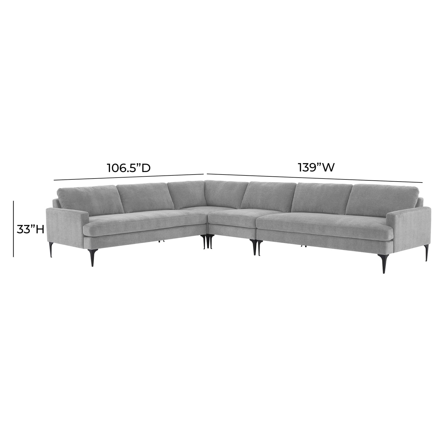 lana gray velvet large l-sectional with black legs