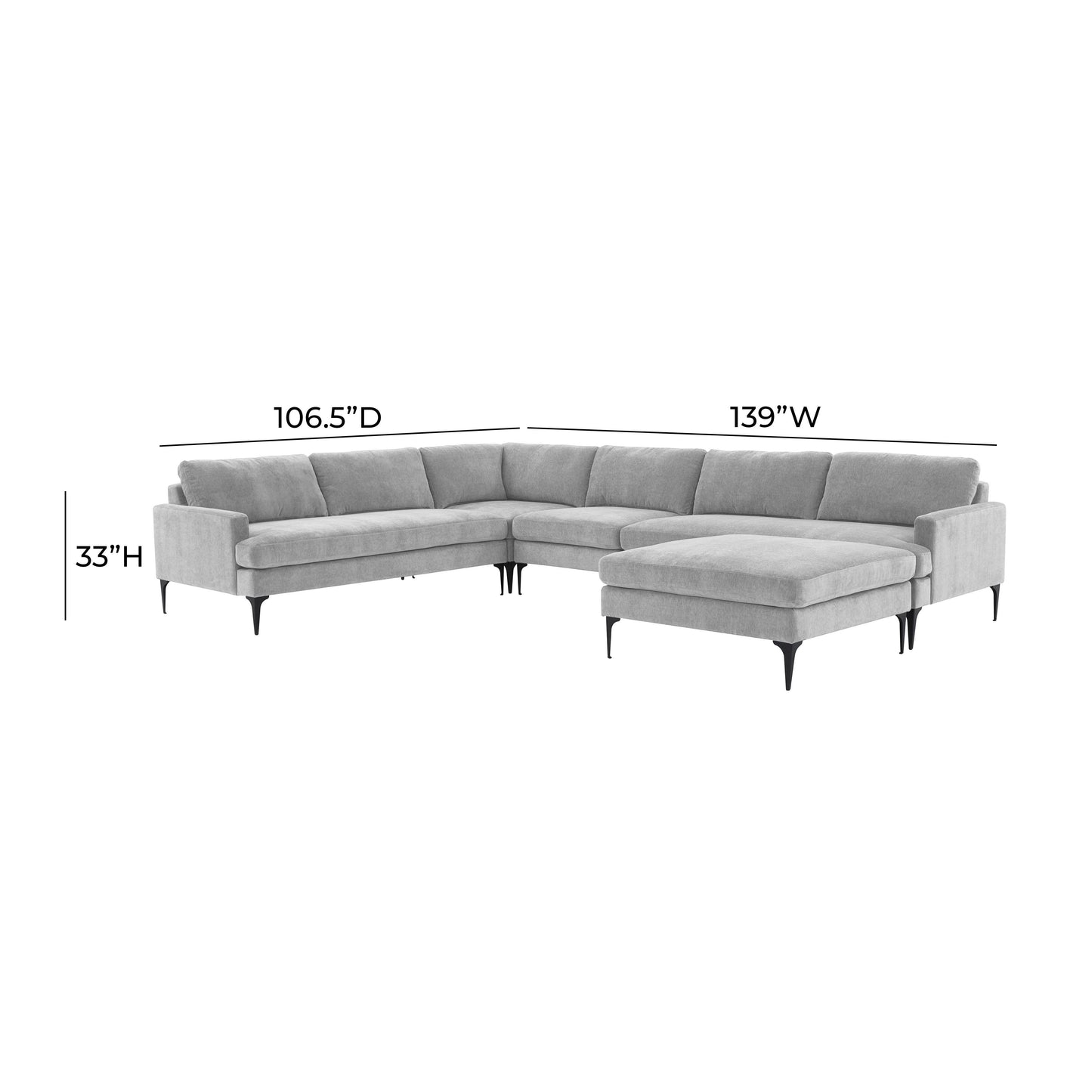 lana gray velvet large chaise sectional with black legs