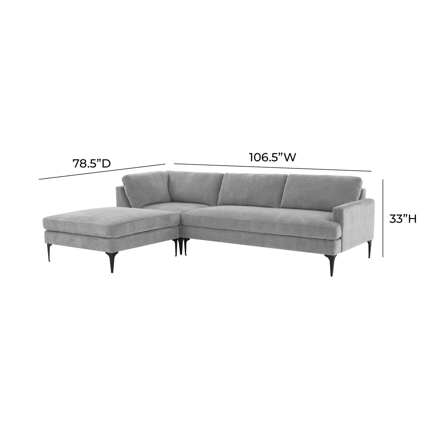 lana gray velvet laf chaise sectional with black legs