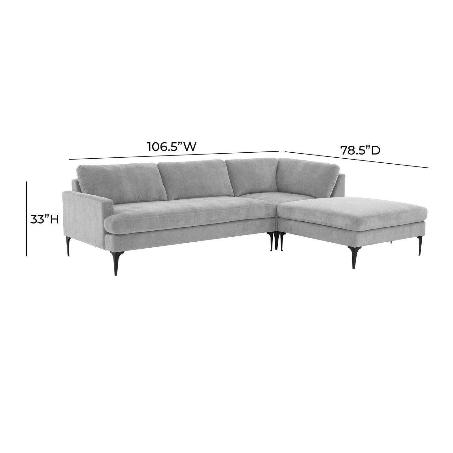 lana gray velvet raf chaise sectional with black legs