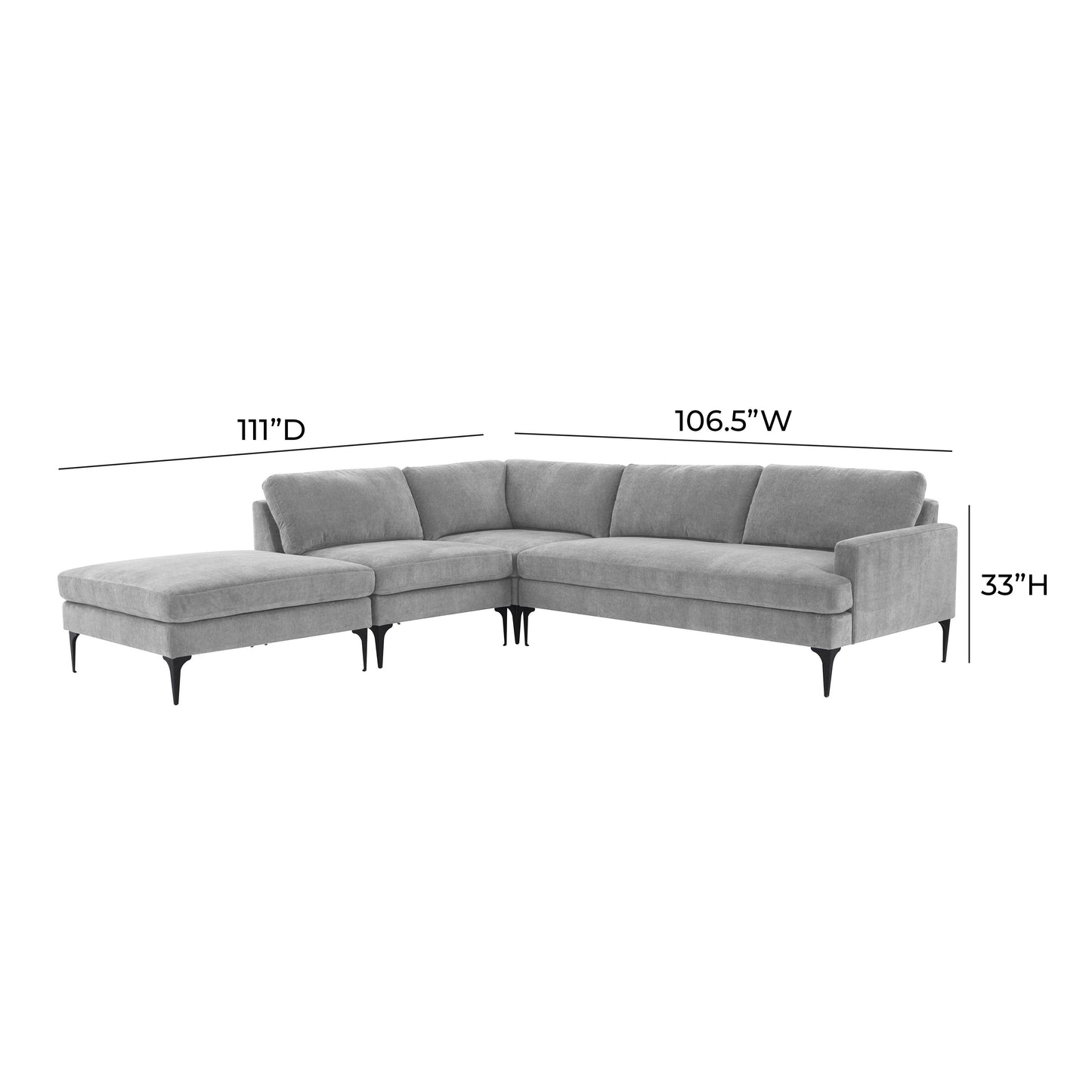 lana gray velvet large laf chaise sectional with black legs