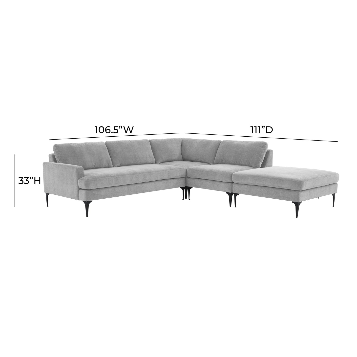 lana gray velvet large raf chaise sectional with black legs