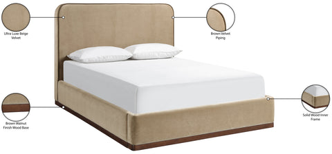 Mira Beige / Brown Velvet Upholstered King Bed, 1 Piece