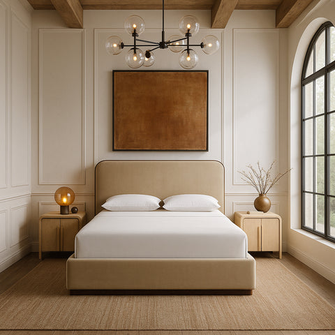 Mira Beige / Brown Velvet Upholstered King Bed, 1 Piece