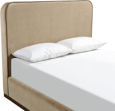Mira Beige / Brown Velvet Upholstered King Bed, 1 Piece
