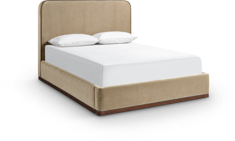 Mira Beige / Brown Velvet Upholstered Queen Bed, 1 Piece