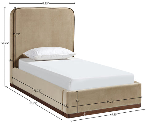 Mira Beige / Brown Velvet Upholstered Twin Bed, 1 Piece