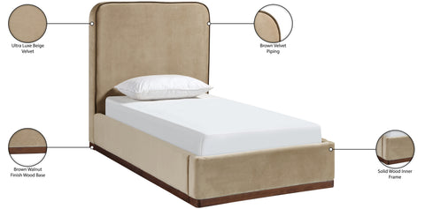 Mira Beige / Brown Velvet Upholstered Twin Bed, 1 Piece