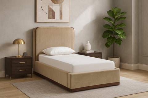 Mira Beige / Brown Velvet Upholstered Twin Bed, 1 Piece