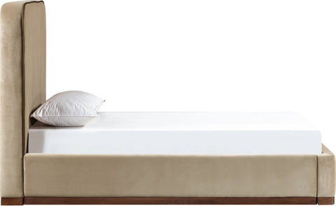 Mira Beige / Brown Velvet Upholstered Twin Bed, 1 Piece